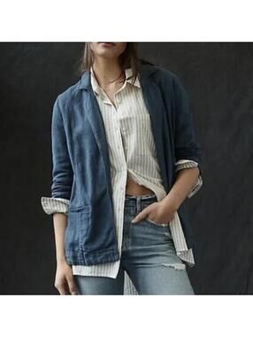 EUC Anthropologie Navy Asymmetric Linen Blazer size 12